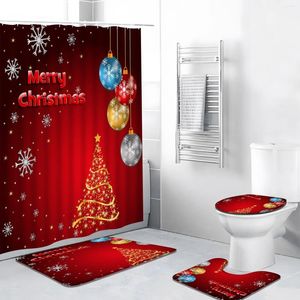 シャワーカーテン4PCSクリスマスカーテンセットラグ抽象クリスマスツリー漫画ボールスノーフラワーお祝いテーマポリエステルバスルーム装飾マット