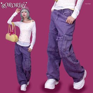 Kvinnors jeans rororiri stor storlek lastfickor baggy kvinnor elastisk midja bred ben 90 -tal retro skater överdimensionerade byxor y2k koreanskt arbetskläder