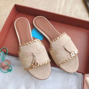 Yeni tasarımcı terlik sandal loro vintage katır yaz gündelik ayakkabılar süet piyanas deri kadınlar düz slaytlar loafer güneşli cazibe açık havada plaj moda ayakkabıları h467