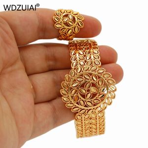 Wdzuiai lussuoso orologio da orologio set di anelli bracciale set Dubai Gold Color Can Apri Braggle African Spagna Donne Bridal Wedding Gioielli Regali 240401