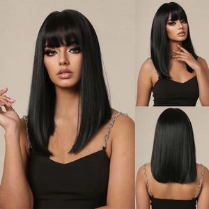 Straight Black Bob Synthetic with Bangs Medium Long Cosplay Layered s for Woman Natural Hair Daily Heat Resistant 240327
