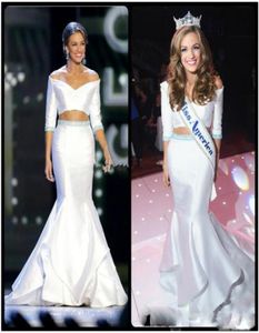 Beyaz İki Parça Pageant Elbiseleri 2017 Kapalı Omuz Yarım Kollu Deniz Kızı Promu Elbiseler Zemin Uzunluğu Resmi Parti Akşam Elbise F7829461