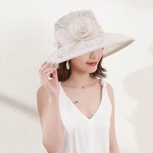 Wide Brim Hats Retro Philippine Linen 's Summer Rose Flower Sun-Proof Big Women's Banquet Hat