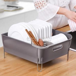 Kitchen Storage Plastic Drain Dish Rack With Stainless Steel Legs & Grid Tableware Cutlery Box Drip