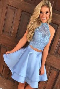 2019 Charming Tiered Homecoming Dresses Sexy A Line Two Pieces Lace Top Elastic Satin Short Girl Graduation Gowns Special Occasion2419144