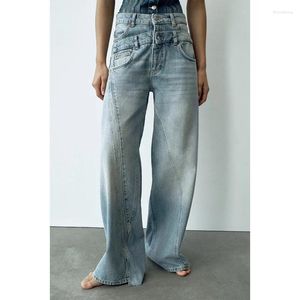 Women's Jeans Blue Vintage Belt Patchwork Wide Leg Pants Casual High Waist Baggy Self Cultivation Denim Trouser Ladies Winter