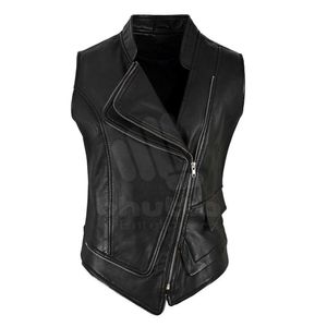 Women Fashionable Vests Customized Design Turn Down Collar Leather Vest for