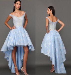 2017 High Low Sky Blue Prom Vestidos de ombros de renda sem costas ASO ebi vestidos de graduação em estilo árabe