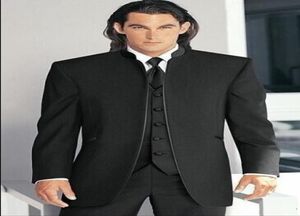 Novo design Black Groom Tuxedos Cheap Man No Button Button Mandarin Lapeel Groomsmen Men Terno de casamento Ternos de baile de bens JacketPantieve3361643