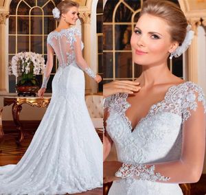 Illusion Langarmanwendungen Applique Spitze Meerjungfrau Brautkleider Brautkleider mit Knöpfen durch Back Bridal Dress China 7579657