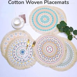 Table Mats 4PCS Mandala Round Placemats Boho Cotton Woven Macrame Tassels Washable Heat Resistant Mat Dining Room Decor