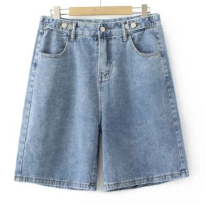 Plus -storlek kort 2023 Summer Fashion Double Buckle High midje breda ben Jeans Löst bottnar Överdimensionerade kurvkläder 240322