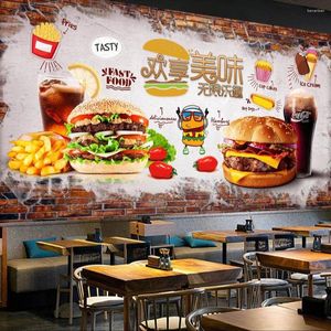 Tapeten Milofi Custom 3D Tapetehandburken handgemalte Ziegelmauer leckeres Burger Fast -Food -Restaurant Hintergrund Malerei Tapepape Tape