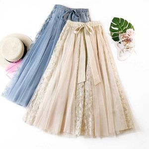 Fashion Style Midi tutu Saias para femininas Tule de renda long para a cintura elástica do arco Mesh de verão casual A Line Women