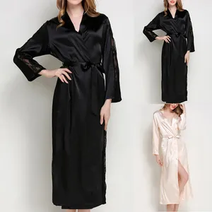 Hemkläder Kvinnor Satin Silk Robe Long Maxi Bathrobe Elegant Solid Color Nightgown With Belt Women Mesh Transparent ärm Sleepwear