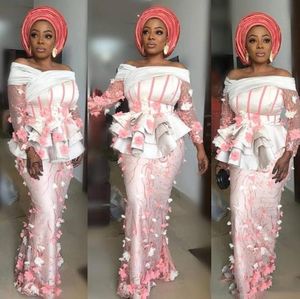 2021 nigerianische Spitze Meerjungfrau Abendkleider Illusion Rüschen Mieder Aso Ebi Stil Party Promkleider 3D -Applikationen Langarm Kleider 7238089