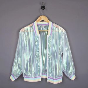 Women Iridescent Laser Transparent Coat Jacket Holographic Rainbow Baseball Windbreaker Coats Woman Clothing 240322