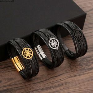 New Compass Mens Stainless Steel Bracelet Leather Electroplated Multilayer Handwoven Bracelet Jewelry