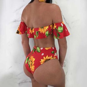 Tasarımcı Bikini 2024 Yeni Split Mayo Bir Hat Omuz Lotus Yaprak Kenar Ayçiçeği Baskı Yüksek Bel Seksi Bikini Mayo Mayo Tasarımcı Mayo
