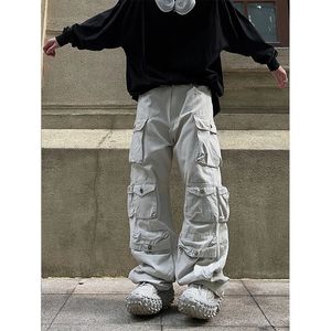 Street White Multipocket Overalls Mens Harajuku Style Loose Casual Trousers Straight Mopping Pants Autumn 240326