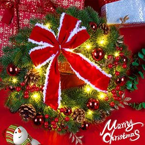 Decorative Flowers Christmas Wreath Lighted Artificial Holiday Front Door Decor Table Centerpieces 40CM Wreaths With Red Bows Balls