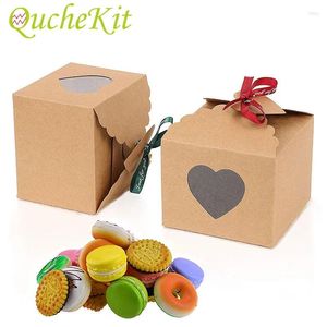 Present Wrap 10st Square White Brown Kraft Paper Boxes With Heart Shape PVC Window för Candy Cake Cookie Jewelry Packaging Box Wedding