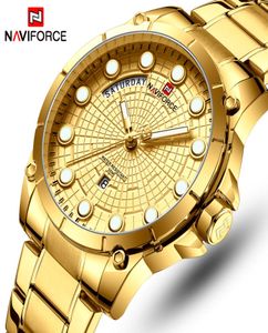 Naviforce Top Brand Luxury Watches Men rostfritt stål Vattentäta klockor Män guld kvartsmän