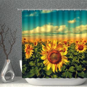 Shower Curtains Yellow Sunflower Field Curtain Green Leaf Plant Home Bathroom Waterproof Polyester Cloth Decorative Screen Can Be Washed