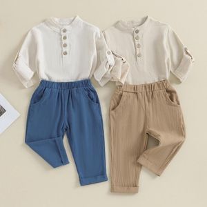 Kläder sätter barn pojkar sommarkläder med fasta färgknappar korta ärmskjorta och elastiska midja långa byxor 2 st kläder set