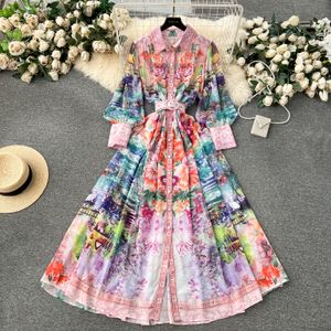 기본 캐주얼 드레스 우아한 봄 Sumemr Holiday Flower Chiffon Maxi 드레스 여성용 옷깃 긴 랜턴 슬리브 꽃 인쇄 벨트 Boho Robe rodidos 2024