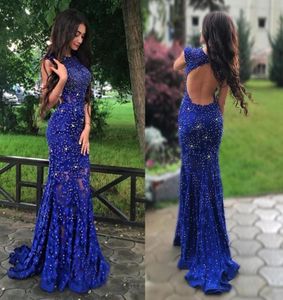 LaceAppliques Perlen ärmellose mermaid Royalblue Wunderschönes Abschlussballkleid auf Blick durch Spitze Abendkleid Vestidos de Graduacion2987029