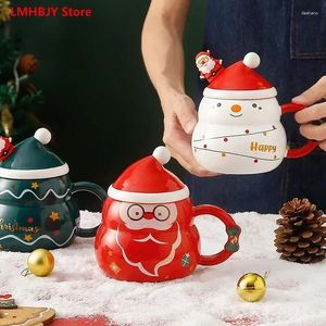 Massen Lmhbjy kreativer Weihnachtskeramikbecher mit Deckellöffel große Kapazität Becher Cartoon Santa Claus Geschenk Wasserstudent