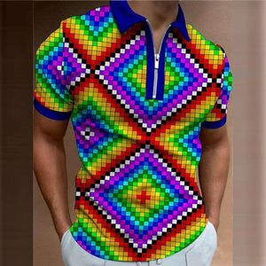 Camisa pólo masculina de padrão geométrico do arco -íris com mangas curtas e uma fábrica 3D, bens estáveis