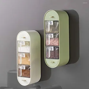 Storage Bottles Plastic 5 Grids Spice Organizer Wall Mounted Punch-Free Condiment Container Adhesive With Spoons Seasoning Box Pepper