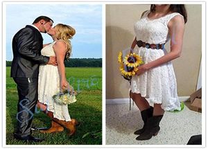 Kort hög låg bröllopsklänning billig spets vit med champagne satin rygglös bröllop brudklänningar verklig pos ny ankomst under 1009016077