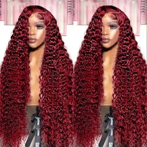 Curly Bourgogne 13x6 HD Lace Frontal Human Hair Brasilian 99J Röd färgad Deep Wave 13x4 FRED FÖR KVINNOR 240401