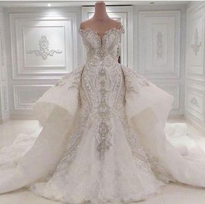 2020 Portrait Sparkly Crystal Rhinestones Mermaid Wedding Dresses Off the Shoulder Lace Overskirts Bridal Gowns Dubai Vestidos De 2994374
