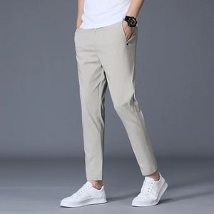 Ankle Length Ice Silk Men Trousers Black Khaki Korea Thin Summer Casual Suit Pants Chandals Man Formal Clothes 240403