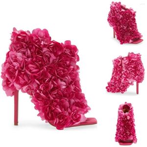 Sapatos de vestido botas de tornozelo curto rosa floral peep toe steletto salto alto