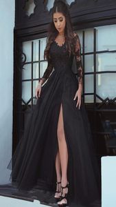 Sexy Black Chiffon Slits Cheap Prom Dress V neck With Illusion Long Sleeves Lace Applique Empire Waist Floor length Evening Formal8651511