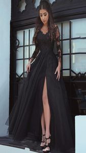 Sexy schwarze Chiffon -Schlitze billig Abschlussballkleid gegen Hals mit Illusion Langarm Spitze Applikze Imperium Taille bodenlange Abend Formal8651511