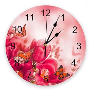 壁時計植物赤い花の蝶丸時計アクリルハンギングサイレントタイムホームインテリアベッドルームリビングルームオフィスの装飾