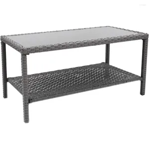 Camp Furniture Gray All Weather Wicker With Glass Top Camping Table Small Outdoor Coffee Side End For Outside Patio Storage