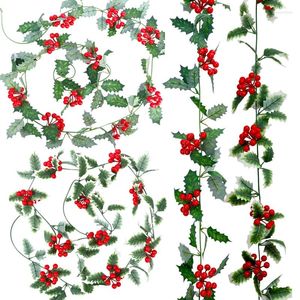 Fiori decorativi 2m Berry rosso artificiale Ghirlanda di natale ghirlanda foglie verde foglie di natale di natale appeso a rattan ornamenta