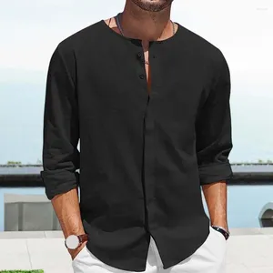 Men's Casual Shirts Men Button-down Shirt Solid Color Long Sleeve Cardigan For Summer Vacation Beach Soft Breathable Round Neck