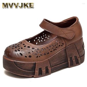 Dress Shoes Women Moccassin 7cm Round Toe Cow Genuine Leather Platform Wedge Hollow Female Hook Fashion Summer Casual Print