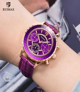 2020 Ruimas Colored Watches Frauen Luxus lila Leder Quarz Uhr Ladies Fashion Chronograph Wristwatch Relogio Feminino 5924404357