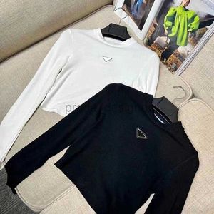 Women's T Shirts Brand Designer Triangle Metal Long Sleeve Short Crop Top Women Cotton Sexy Slim Bottoming Shirt Solid Color Luxury LL3763E