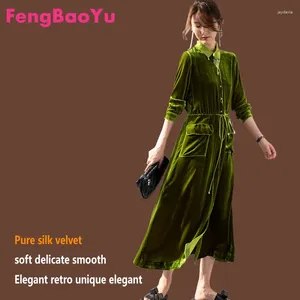 Casual Dresses Silk Velvet Women's Long Sleeve Dress Original Design Single Breasted Lace-Up Mid-Length kjol Youth Fashion