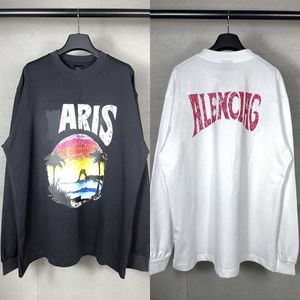 パリファッションブランドBハワイアンサンセットココナッツタワーパターン印刷されたカジュアル長袖Tシャツ